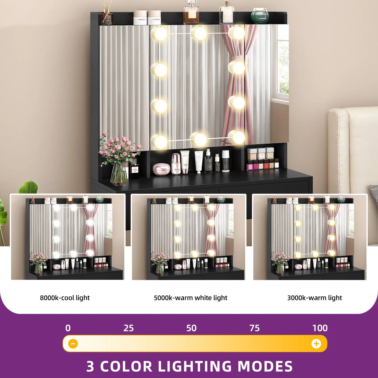 Makeup vanity mirror with lights and color temperature options on a neutral background