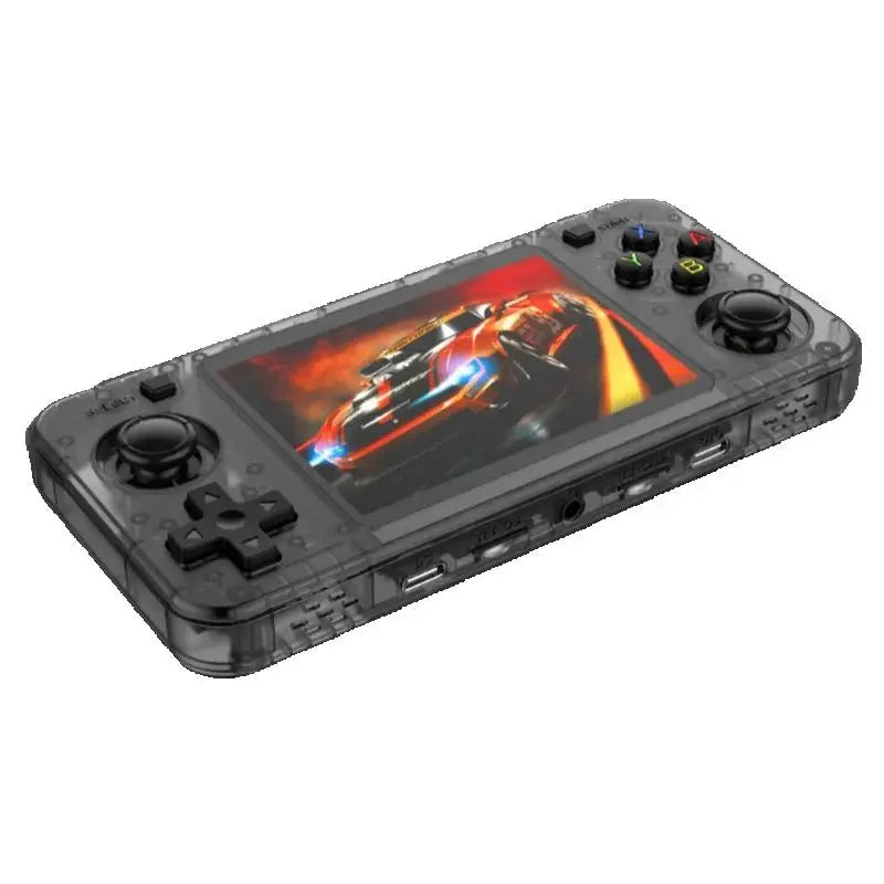 Handheld gaming console with a screen displaying a racing game on a white background