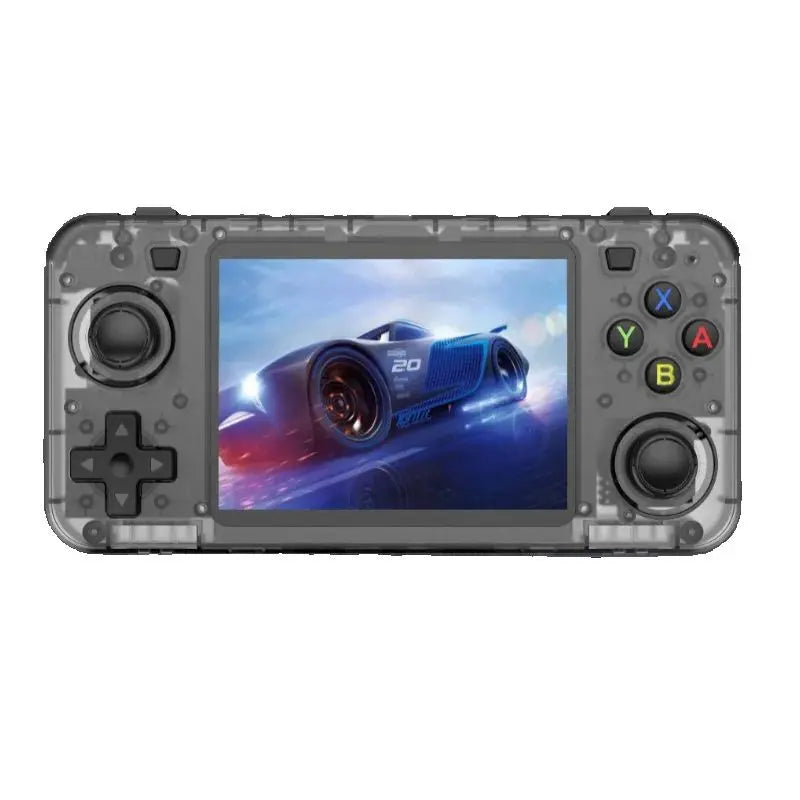 Handheld gaming console with screen displaying a racing game on a white background