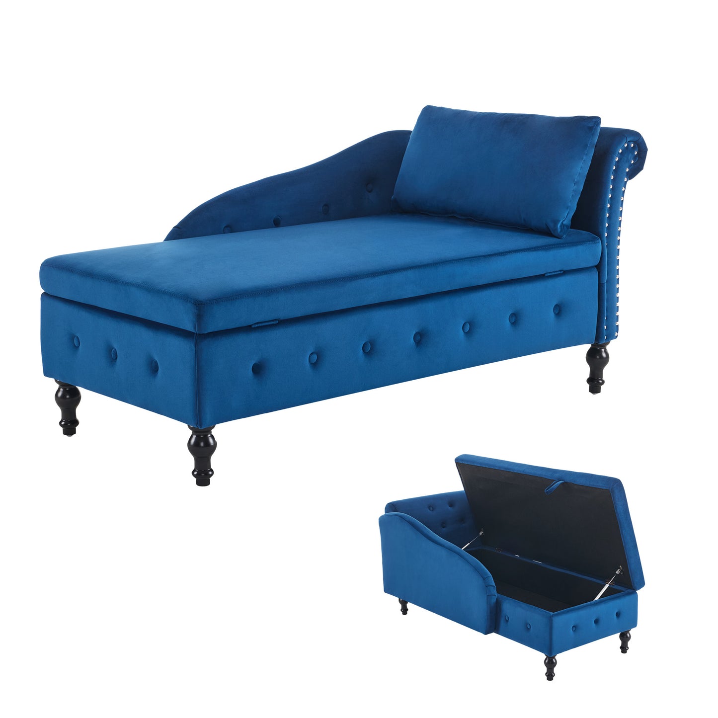 Blue tufted chaise lounge with storage bench on a white background