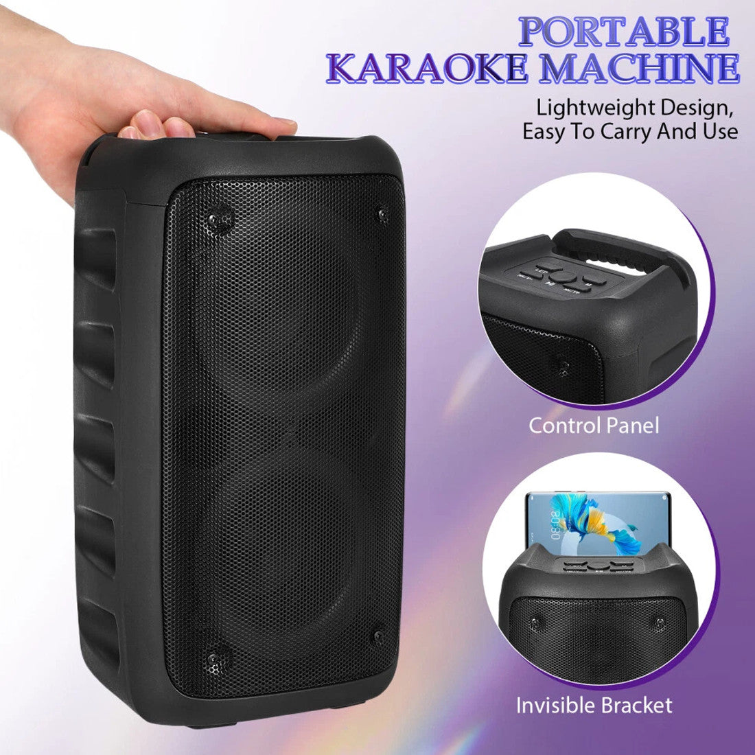 Portable karaoke machine with hand holding it, showing control panel and bracket on a purple gradient background.