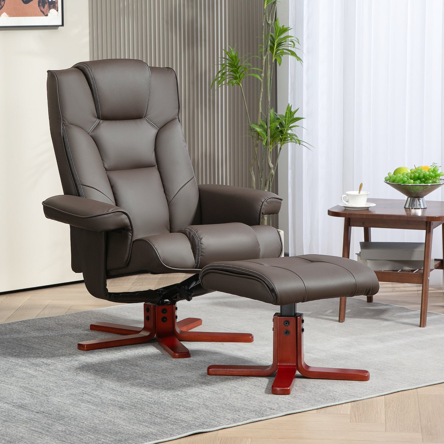 Brown recliner chair with ottoman in a living room setting
