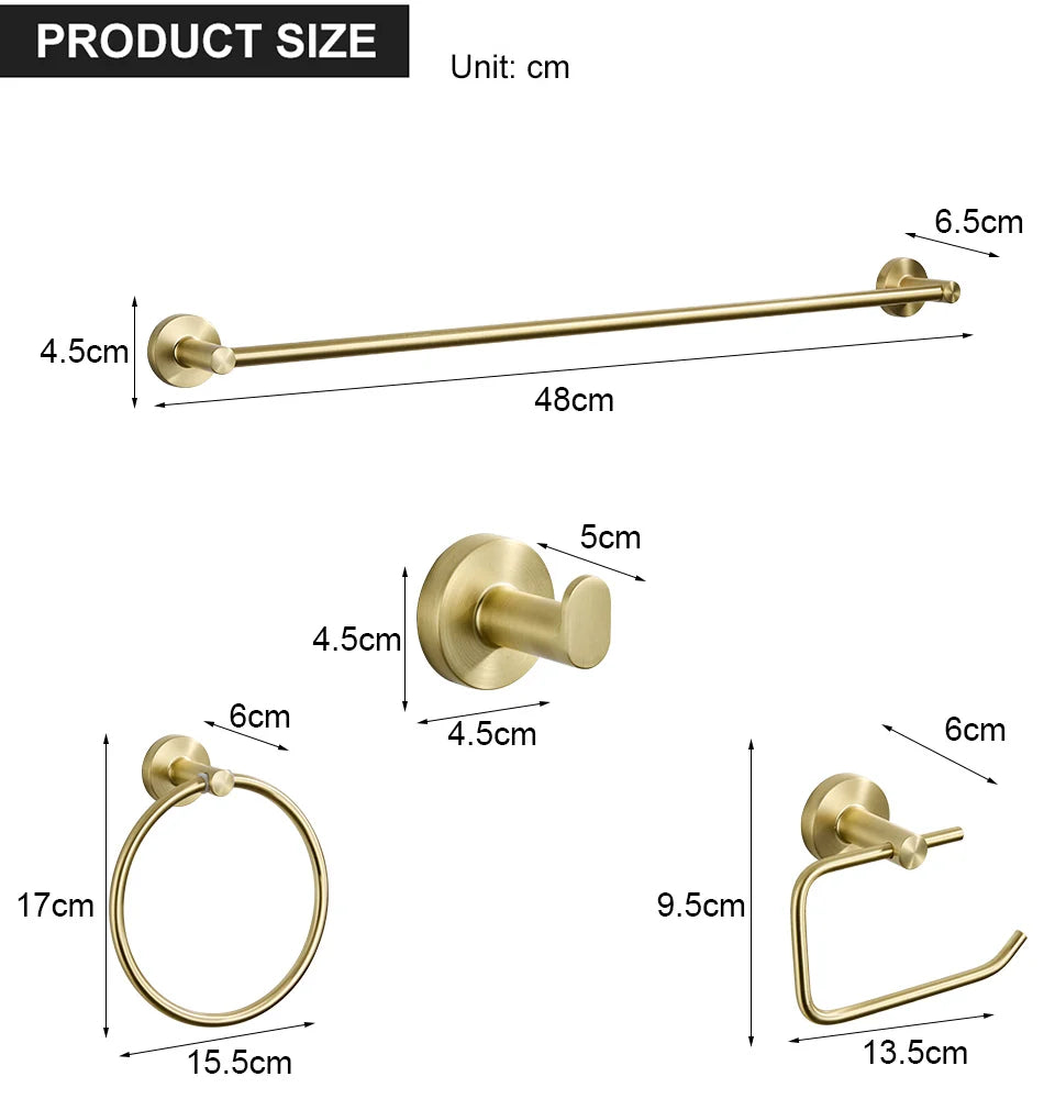 Gold bathroom accessories with measurements on a white background