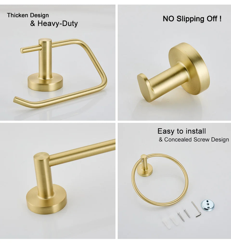 Gold bathroom hardware set with features highlighted on a light gray background