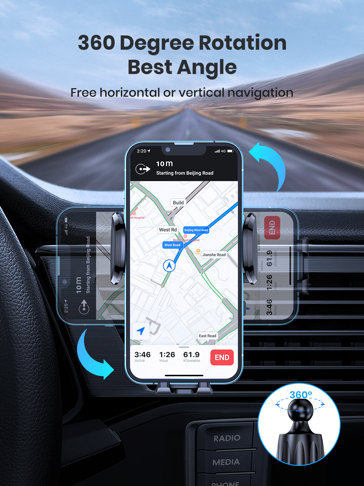 Car phone mount with 360-degree rotation feature displaying a navigation app on a smartphone.