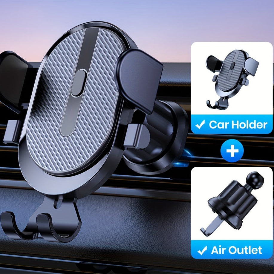 Car phone holder with air outlet and dashboard mounting options on a blue gradient background
