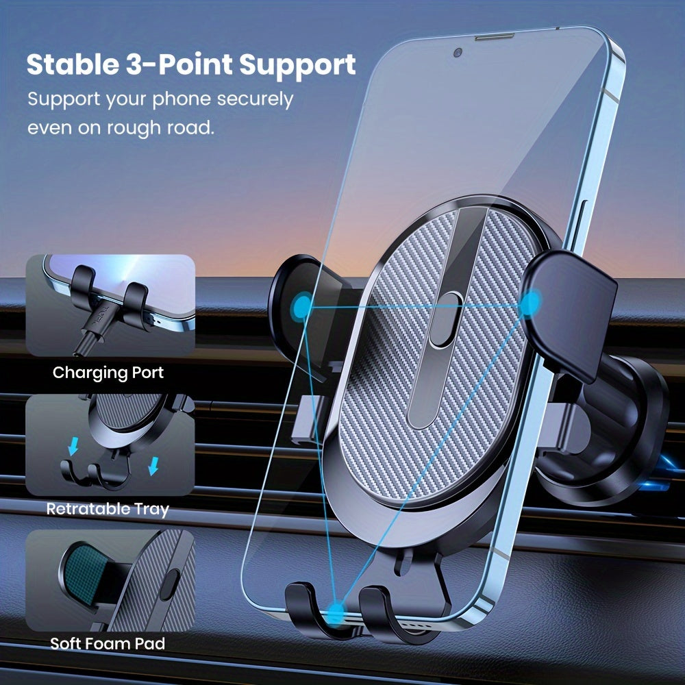Car phone holder with features highlighted on a blue gradient background