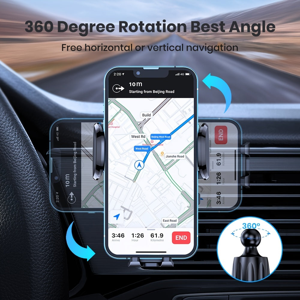 Car phone holder with 360-degree rotation feature displayed on a smartphone screen showing navigation app.