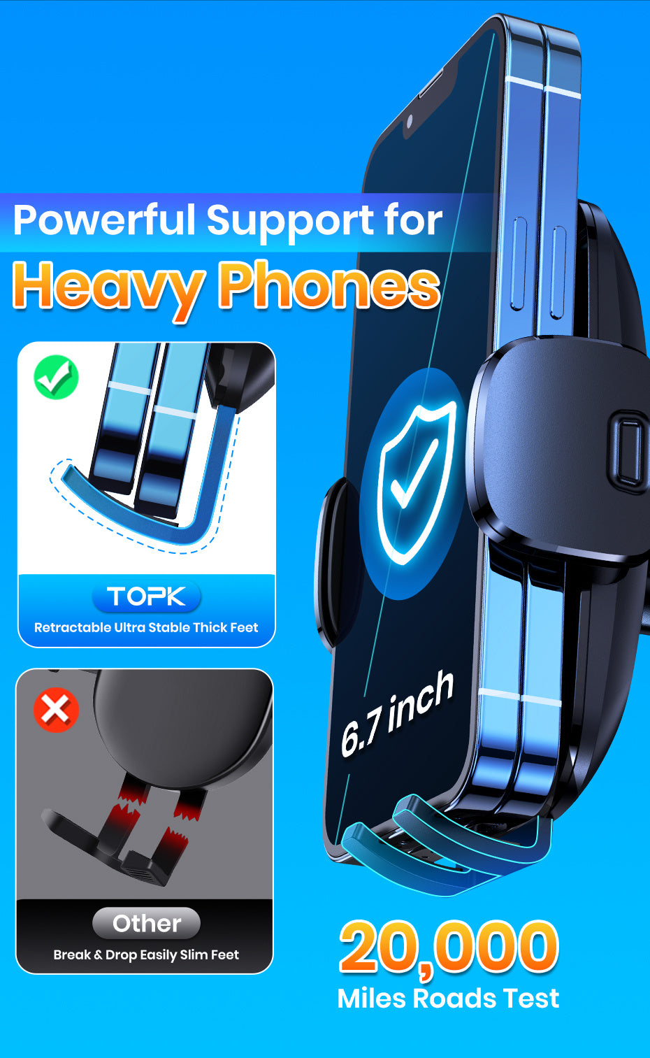 Phone holder with features highlighted on a blue background