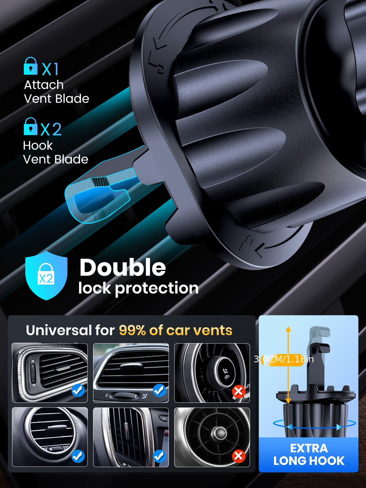 Car air vent blade attachment with double lock protection feature, universal compatibility, and extra long hook.