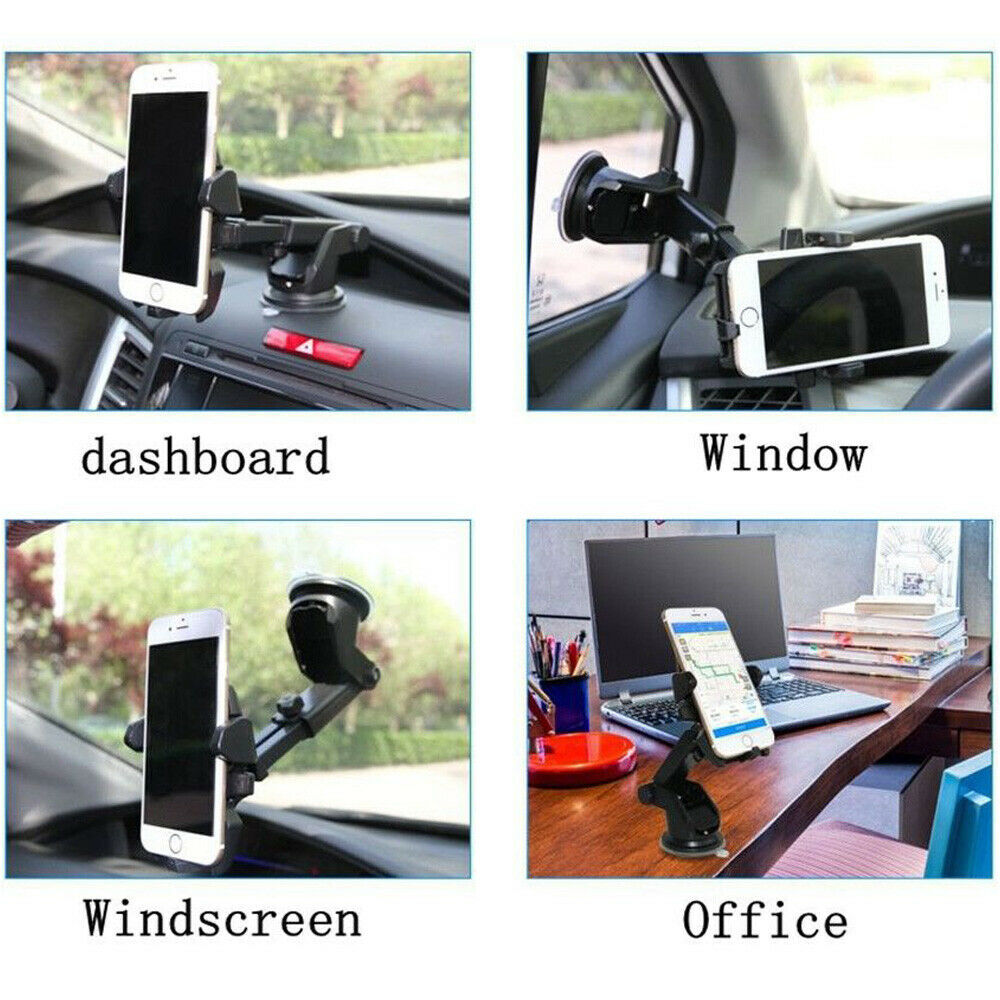 Phone holder in use on dashboard, window, windscreen, and office desk.