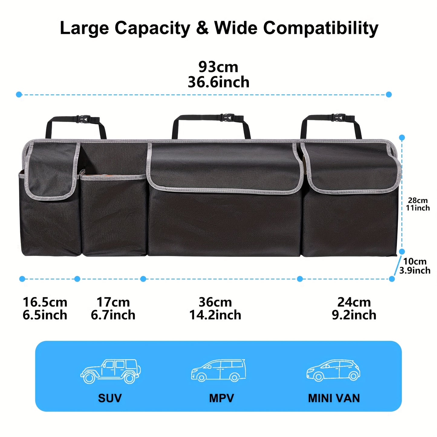 Car trunk organizer with dimensions and compatibility for SUV, MPV, and mini van.