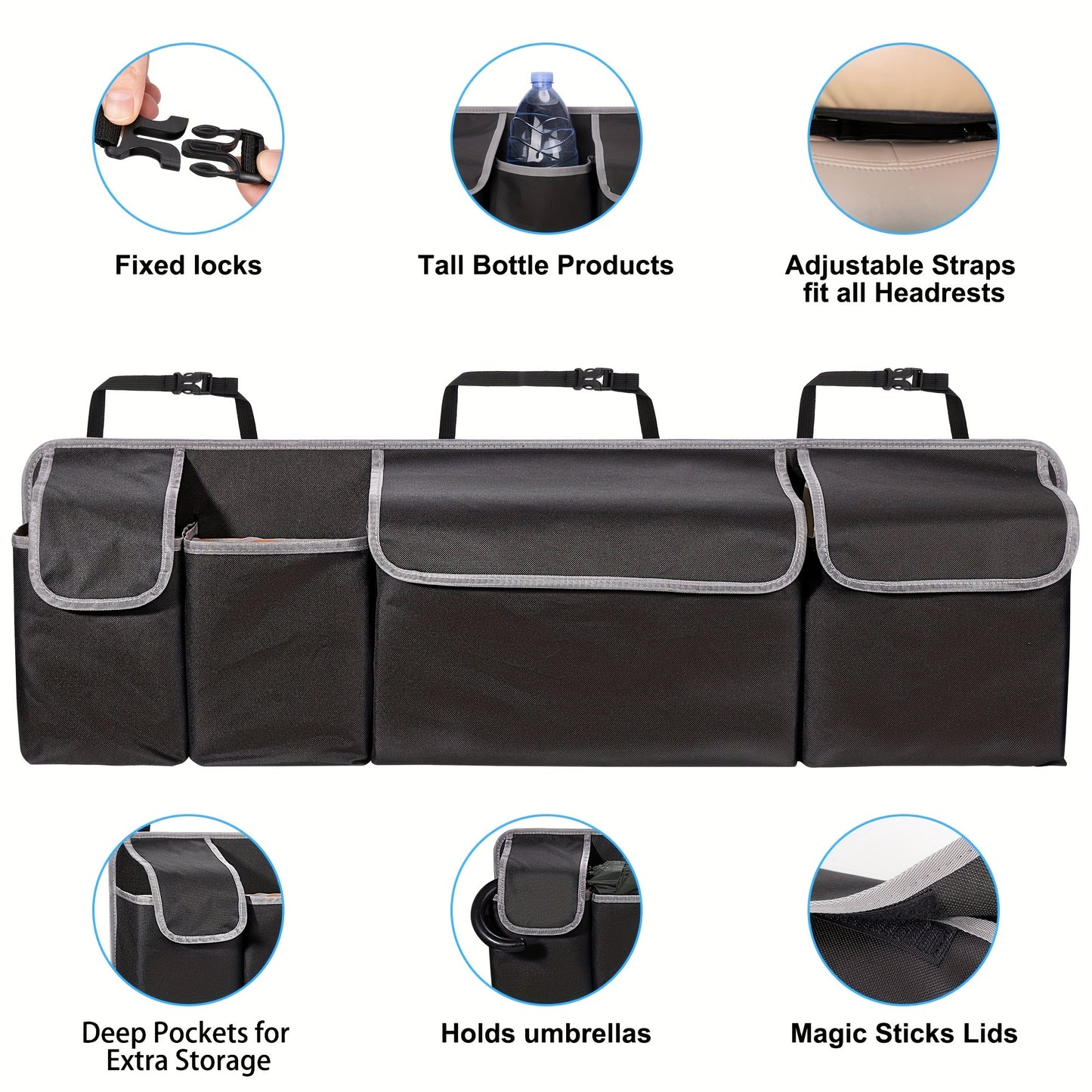Car trunk organizer with features highlighted on a white background