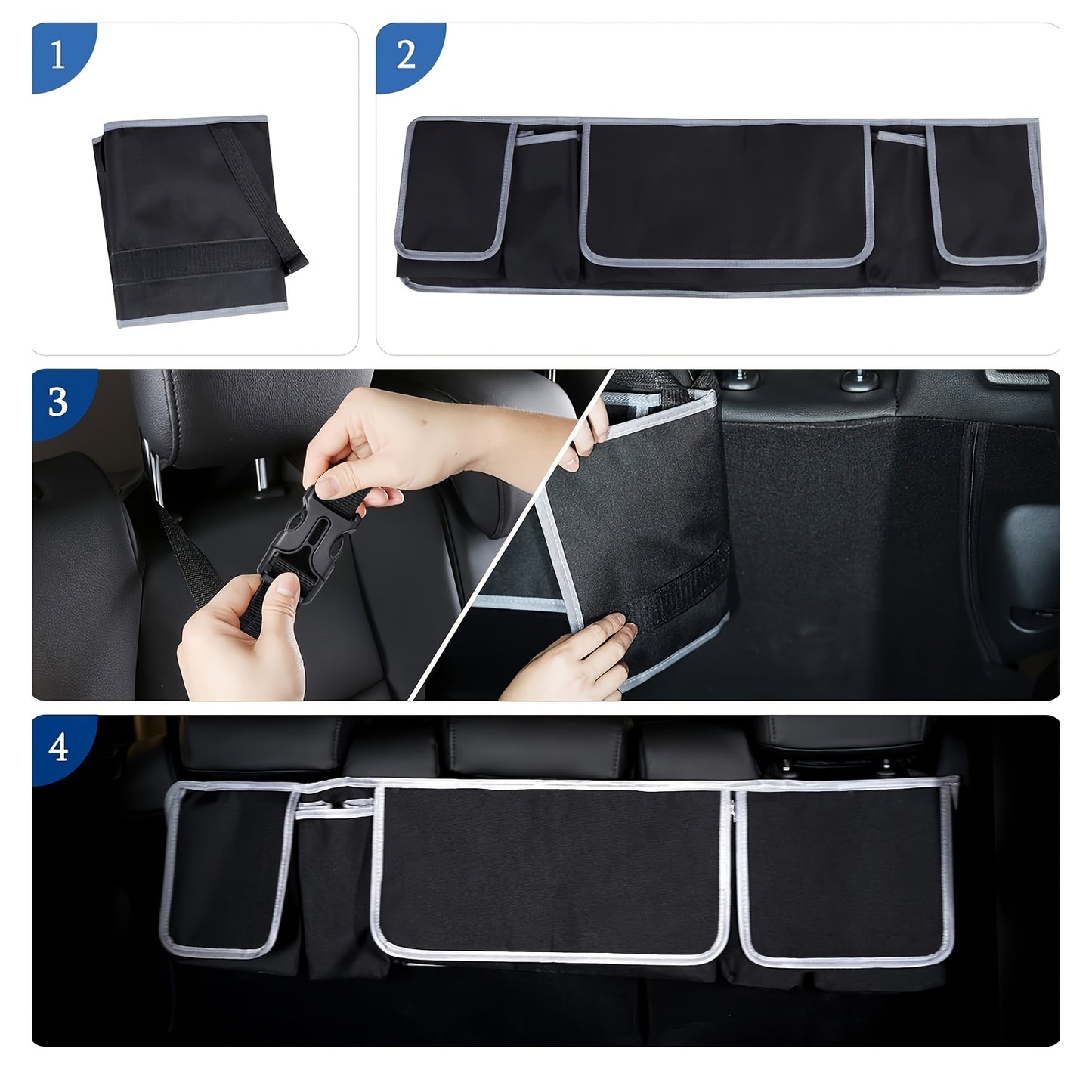 Step-by-step guide on how to use a car seat organizer with a black cover and compartments.
