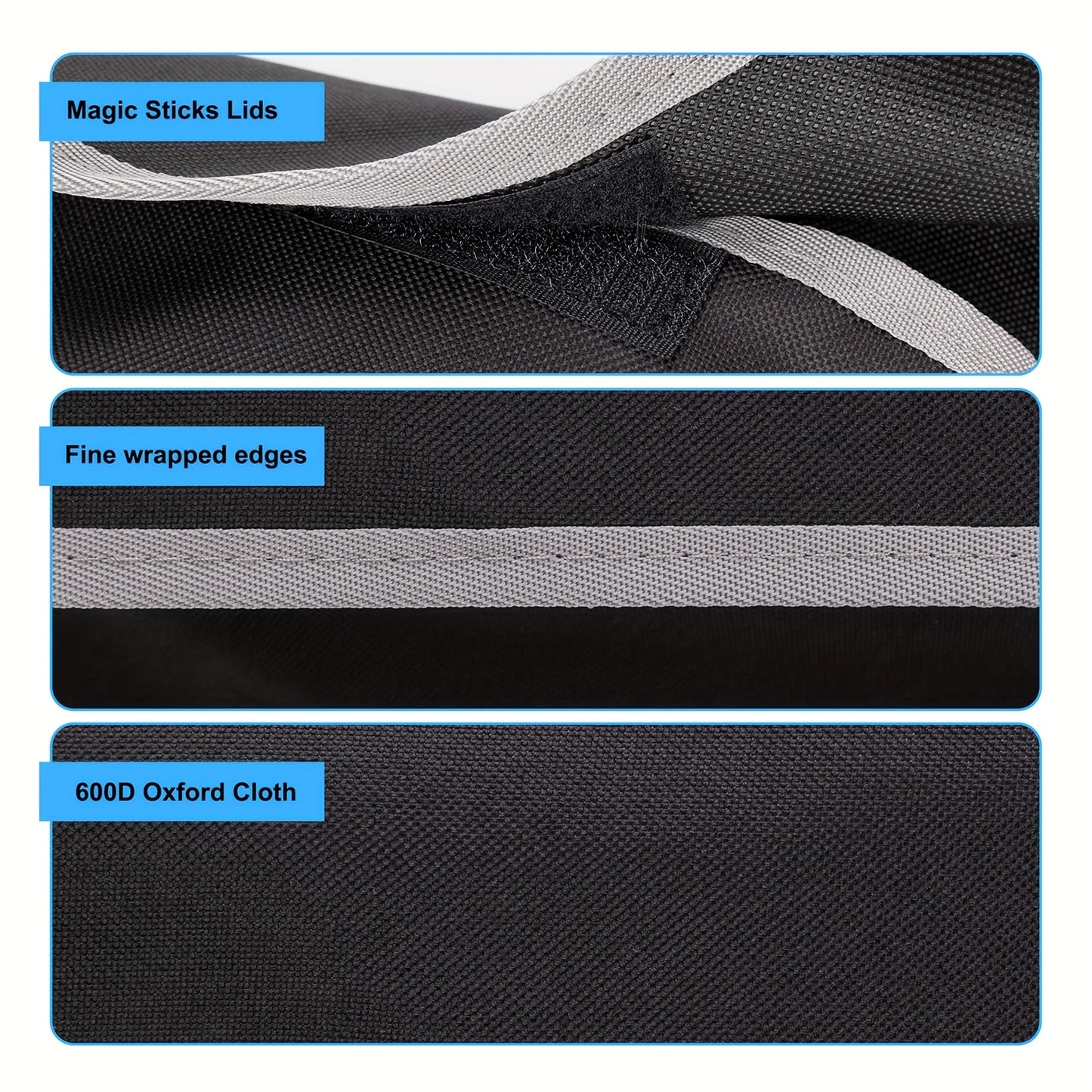 Close-up of black and gray fabric with text labels on a white background