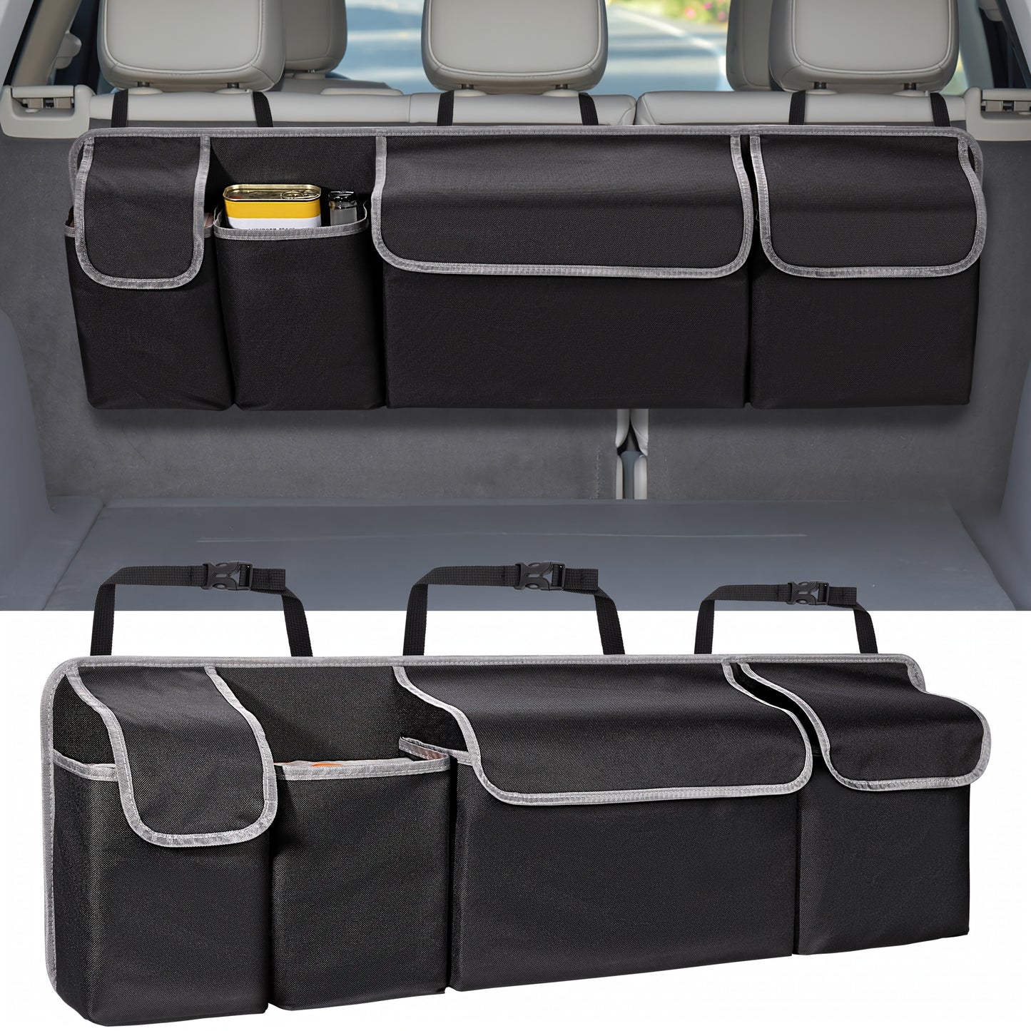 Car organizer with multiple compartments attached to a car's back seat.