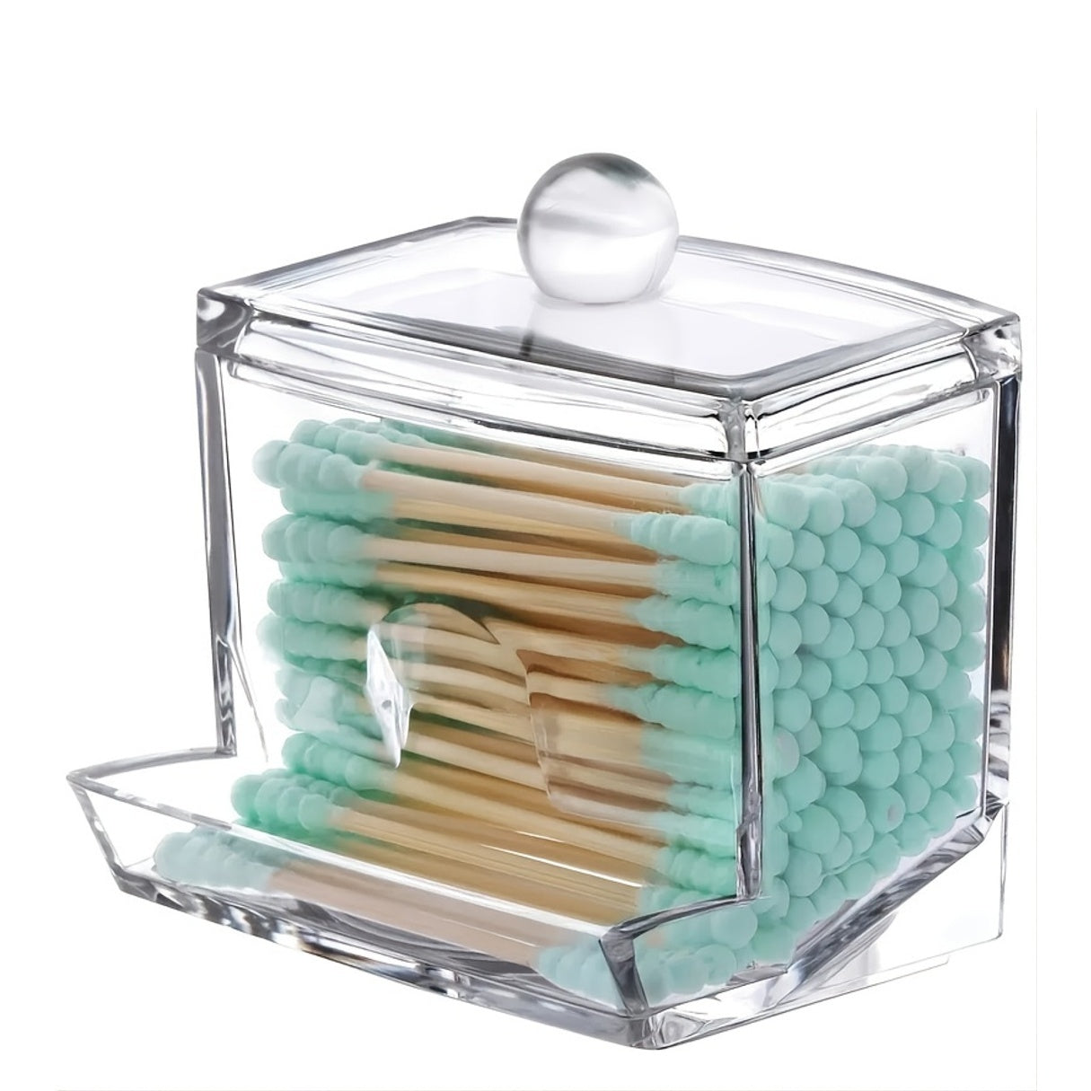 Clear hexagonal matchbox with light blue matches and wooden tips on a white background