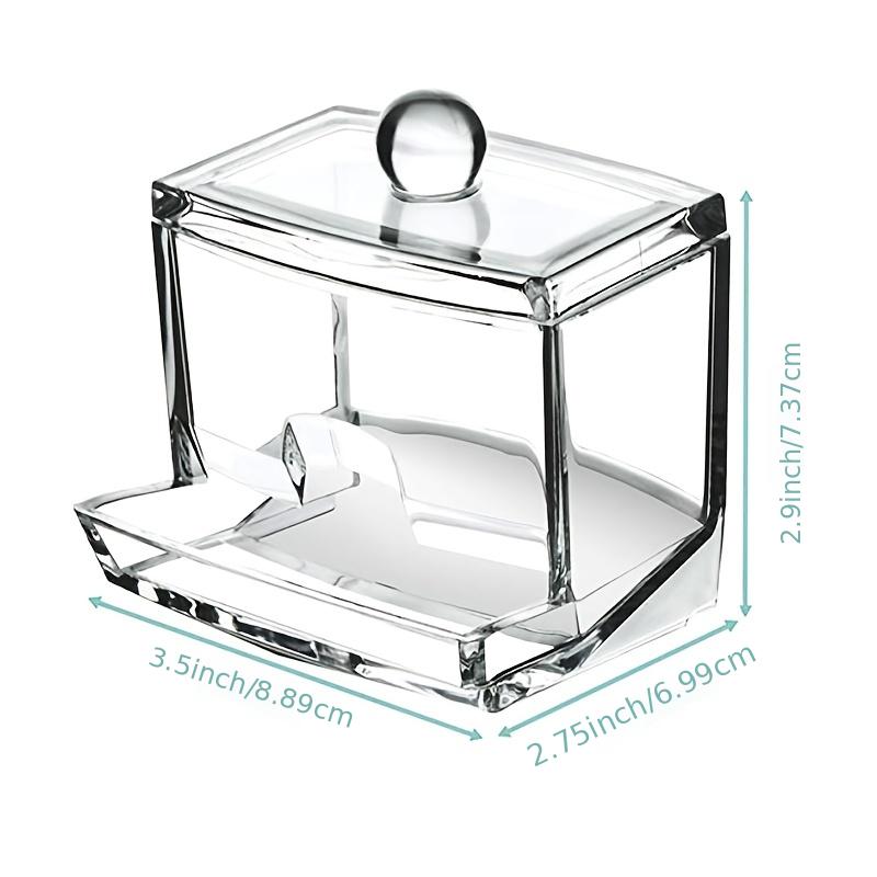 Clear glass cake stand with dimensions indicated on a white background