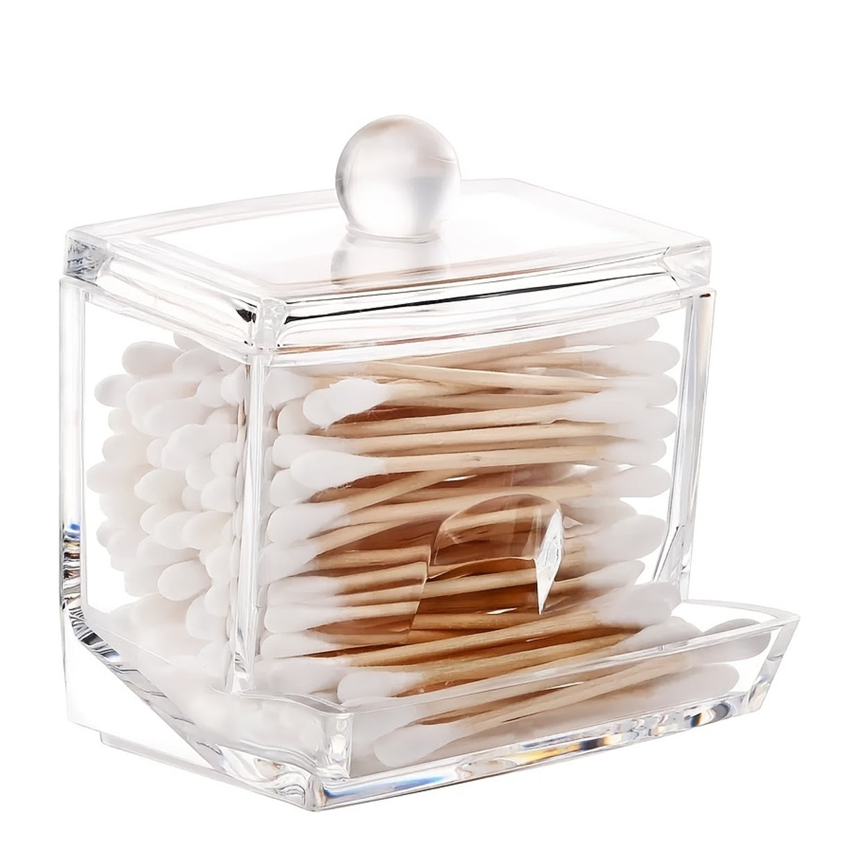 Clear acrylic container with cotton swabs and cotton balls on a white background