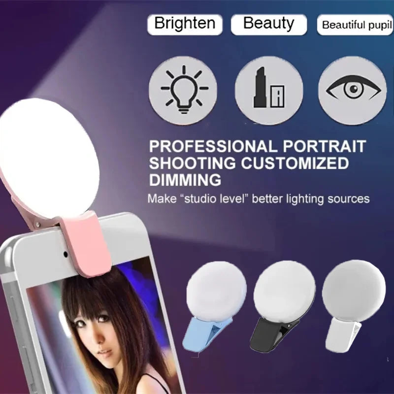 Smartphone with a selfie light attachment on a purple background with text about professional portrait shooting.