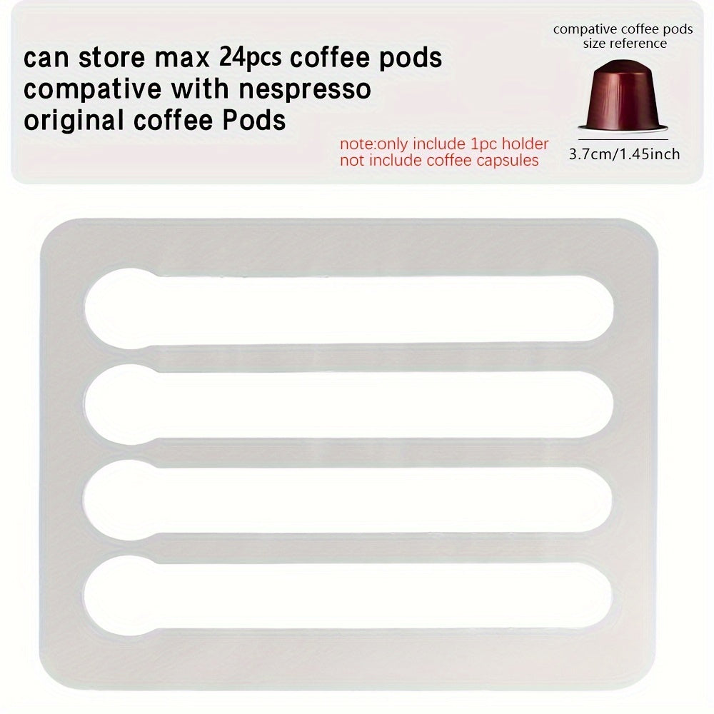 White coffee pod holder with text indicating compatibility with Nespresso coffee pods.