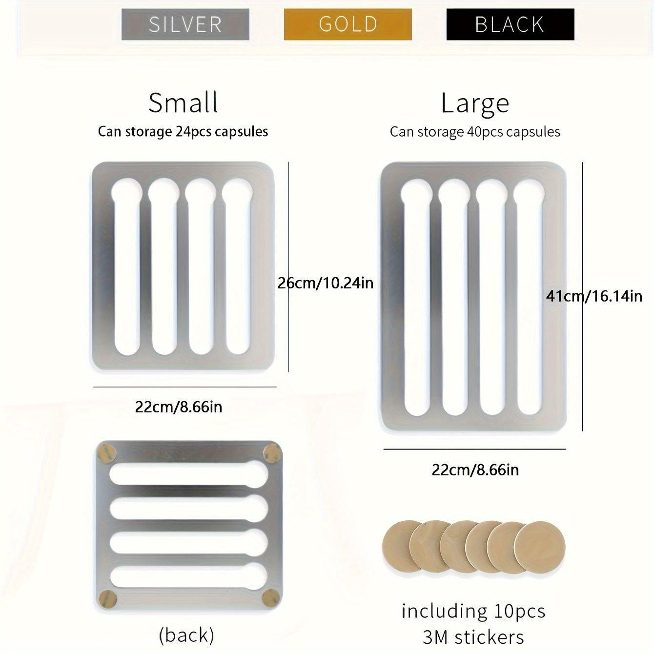 Metallic storage grids in small and large sizes with dimensions and 3M stickers included.