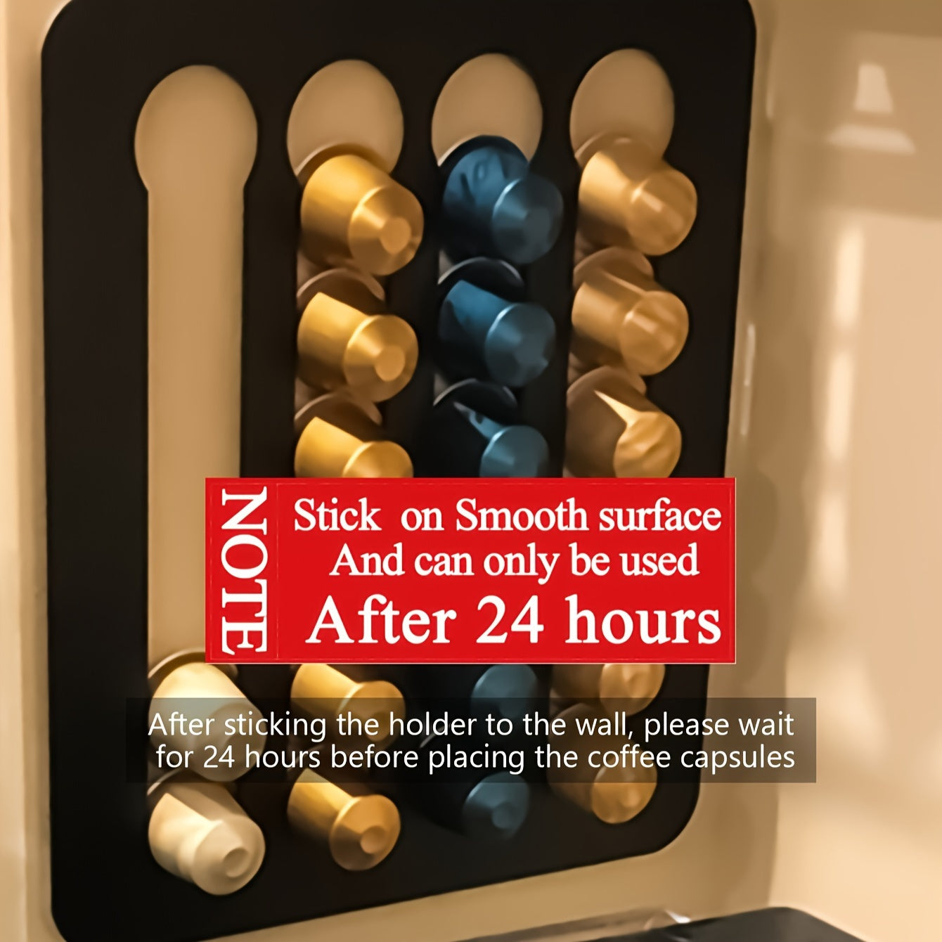 Coffee capsule holder with colorful capsules and installation instructions on a wall.