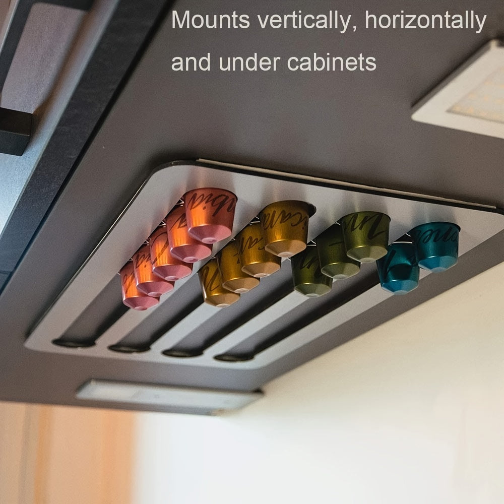 Colorful coffee pod holder mounted on a kitchen cabinet with text indicating mountability options.