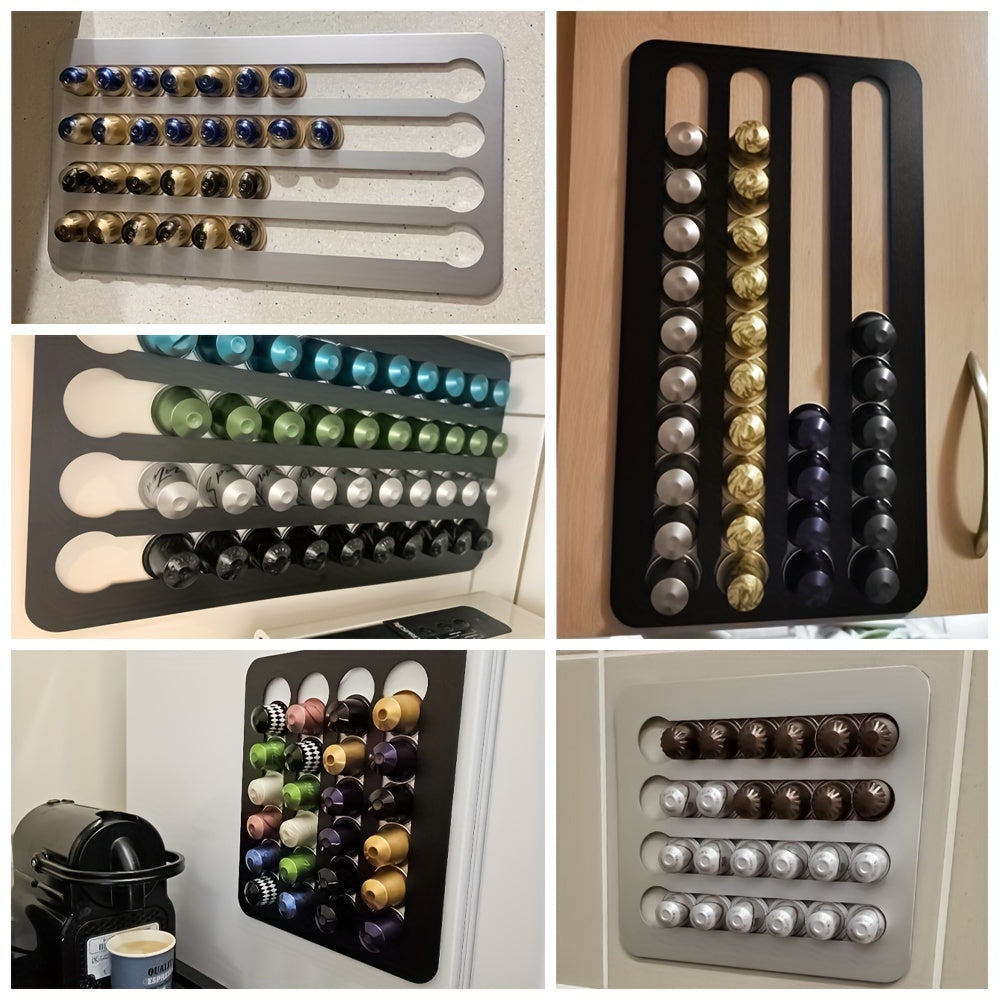 Collage of various coffee capsule organizers with different designs and colors.