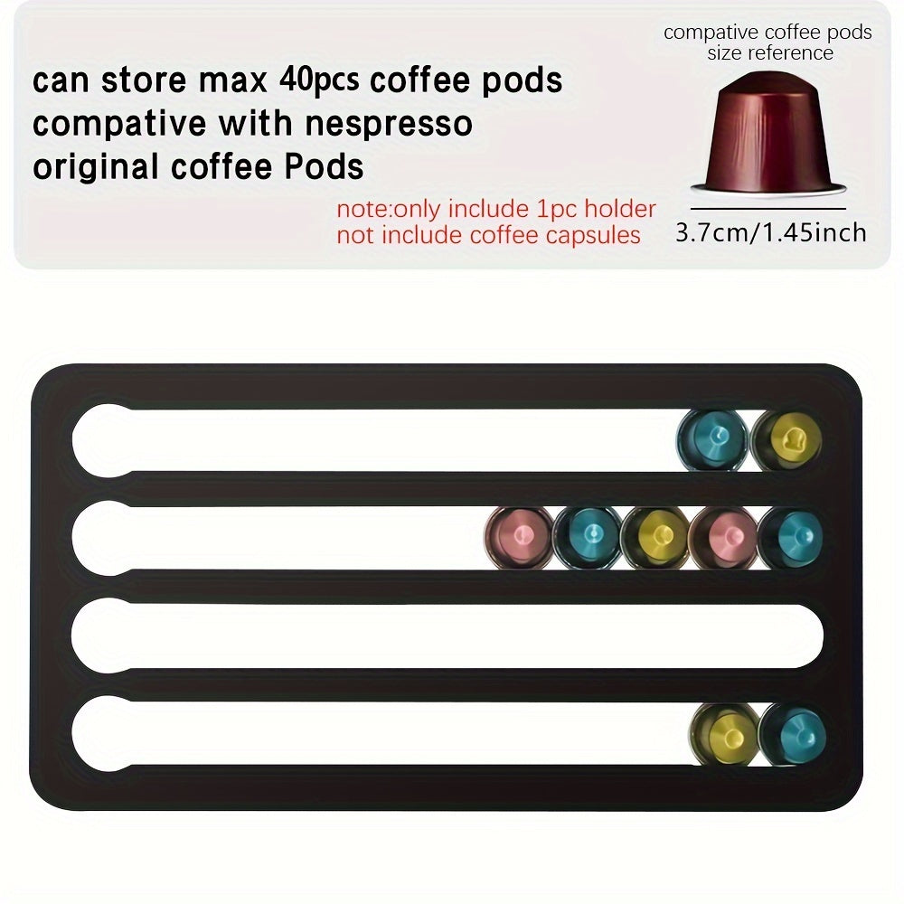 Black coffee pod holder with colorful coffee pods on a white background
