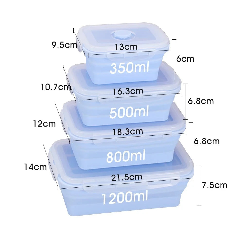 Set of four silicone containers with lids, showing measurements on a white background