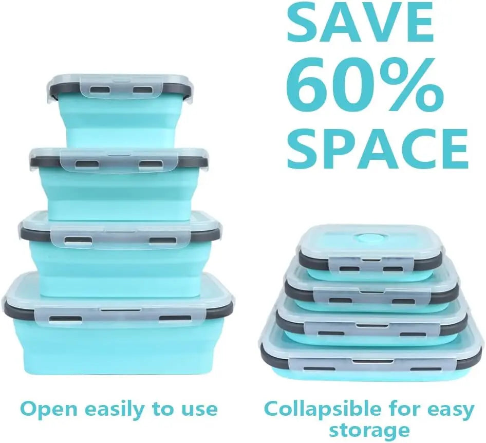 Stackable silicone containers with text highlighting space-saving and ease of use features.