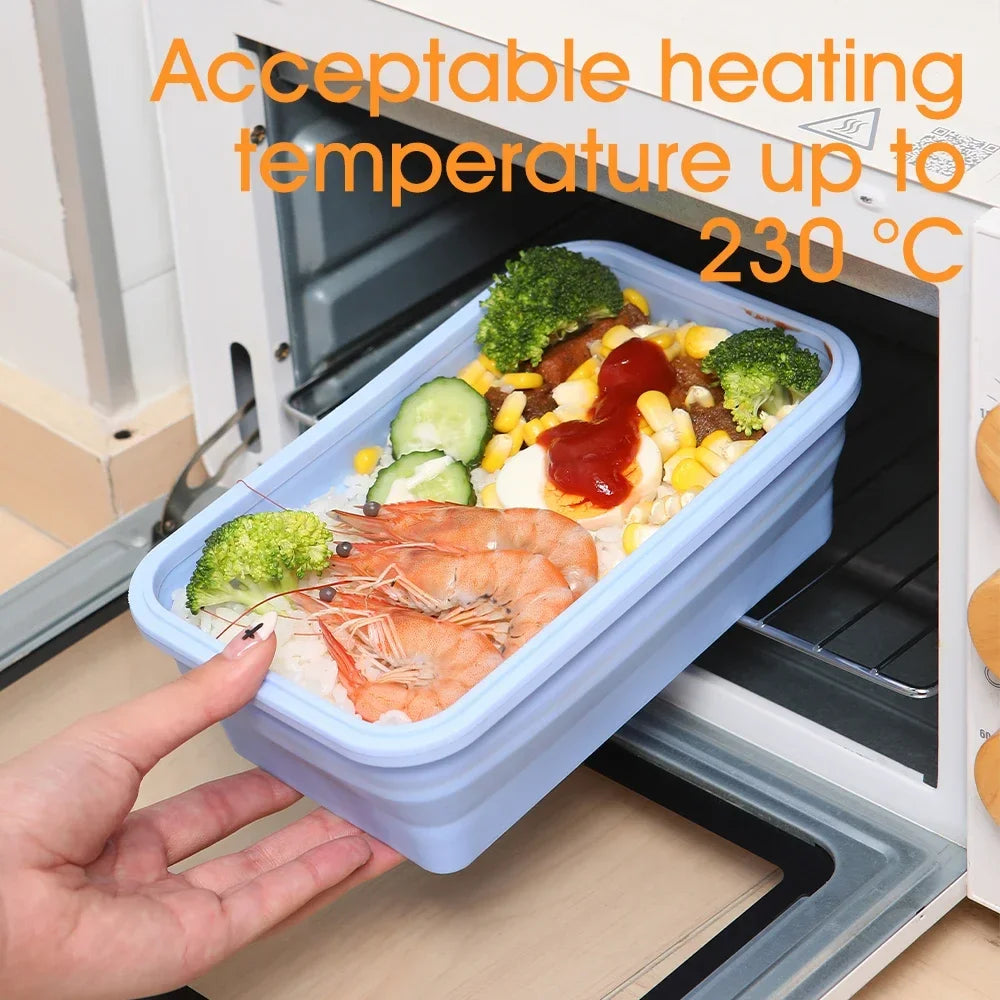 Container with food held above an open oven, indicating acceptable heating temperature up to 230°C.