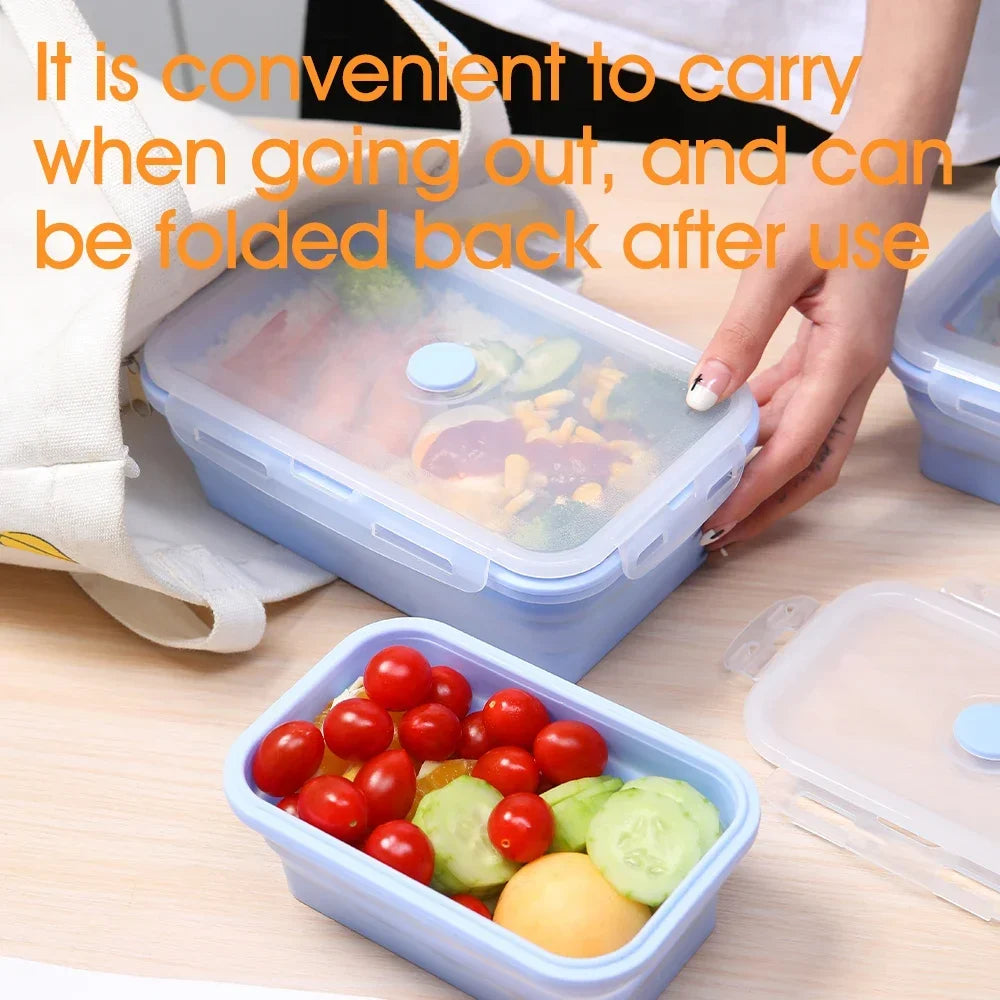 Bento box with fruits and vegetables on a wooden surface, with text about convenience and portability.