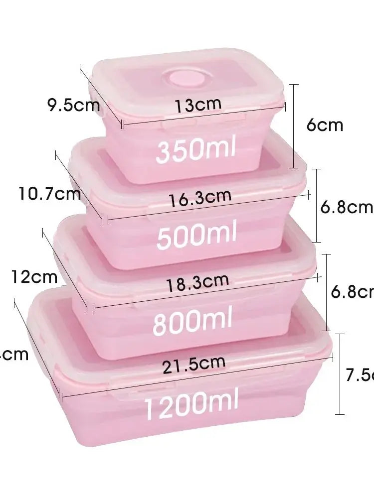 Set of pink food containers with measurements on a white background