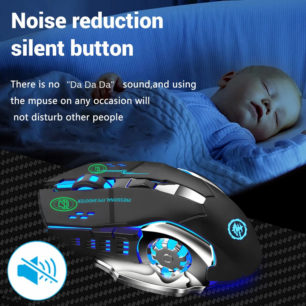 Gaming mouse with noise reduction feature displayed in front of a sleeping baby