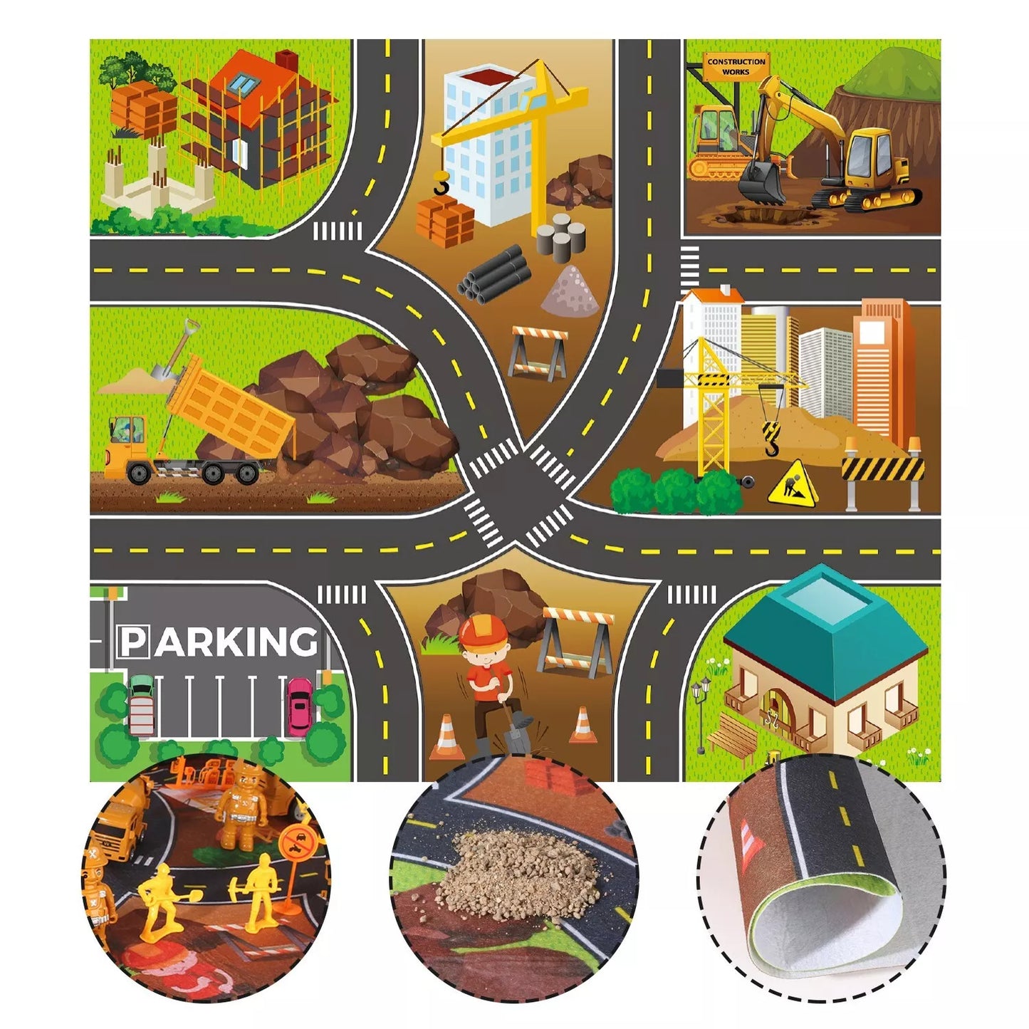 Play mat with construction-themed design featuring roads, buildings, and vehicles.