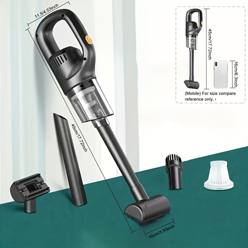Handheld vacuum cleaner with attachments on a green surface, with measurements inset.