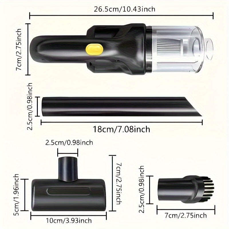 Measurement chart of a handheld vacuum cleaner with various attachments on a white background