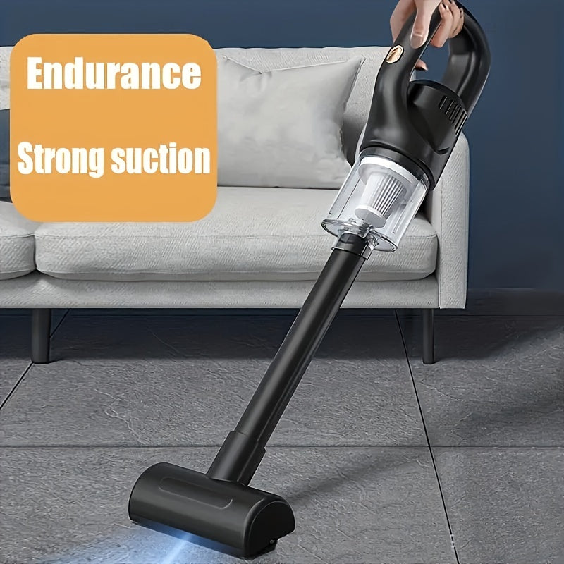 Handheld vacuum cleaner on a tiled floor with a gray couch in the background, featuring the brand 'Endurance'.