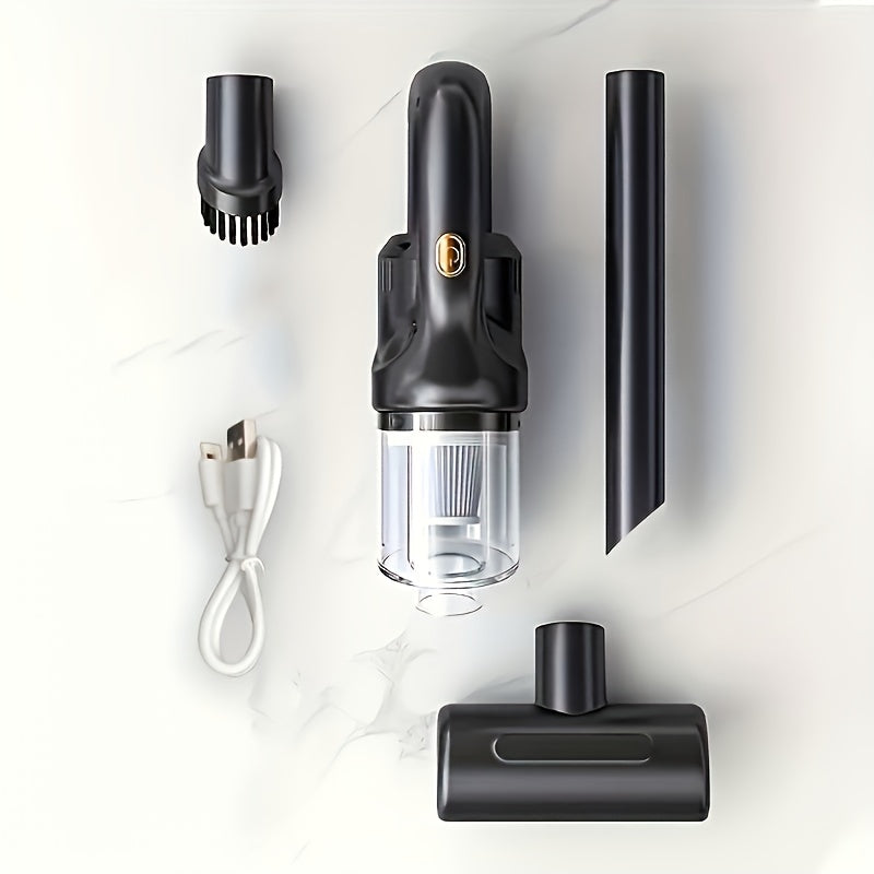 Black handheld vacuum cleaner with attachments on a white background