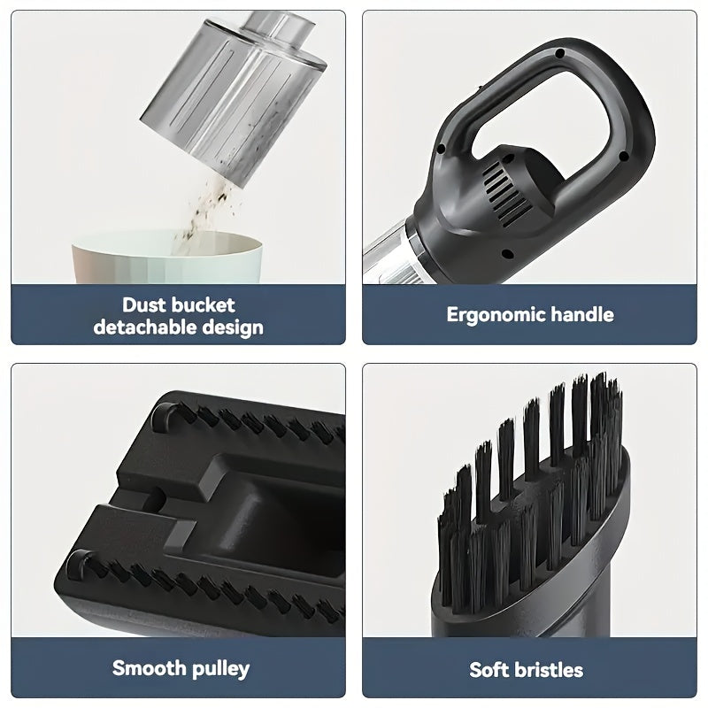 Product features including dust bucket, ergonomic handle, smooth pulley, and soft bristles on a white background.