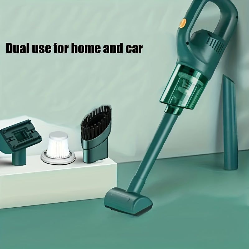 Green handheld vacuum cleaner with attachments on a light green background