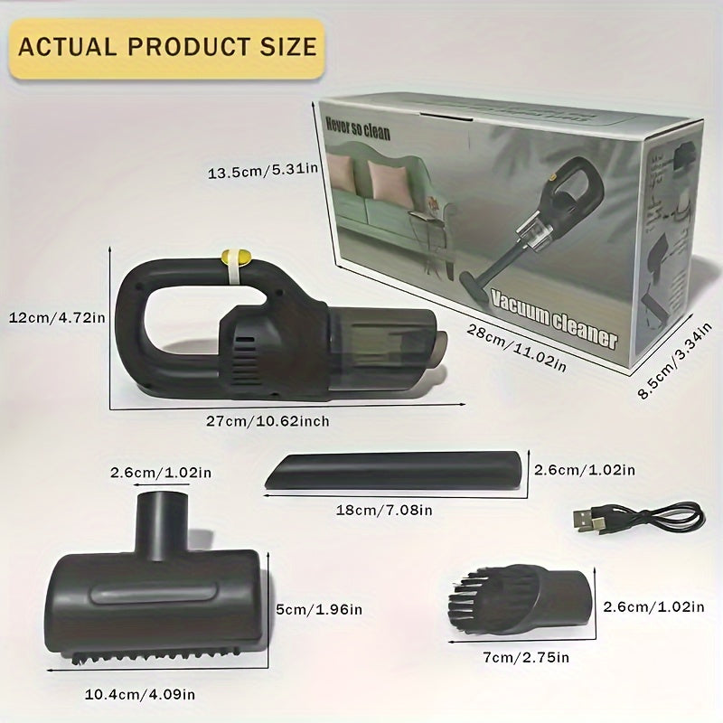 Handheld vacuum cleaner with dimensions and accessories on a light gray background