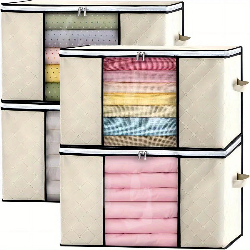 Foldable storage bag with compartments filled with folded clothes on a white background