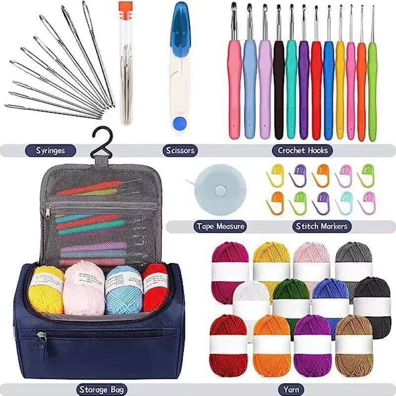 Collection of crochet and knitting tools including hooks, yarn, and accessories on a white background.