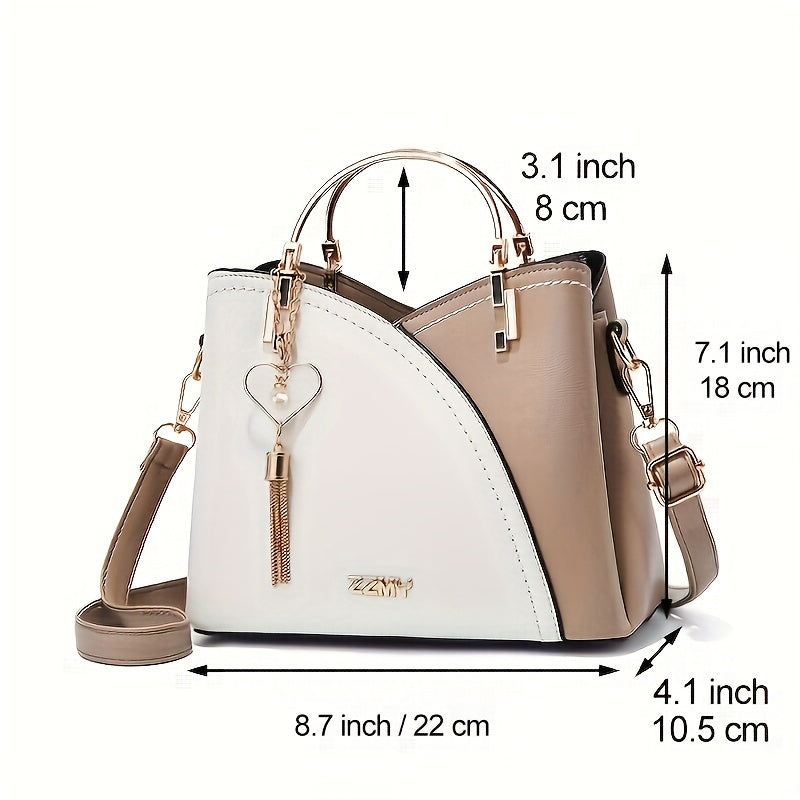 White and beige handbag with measurements indicated on a white background
