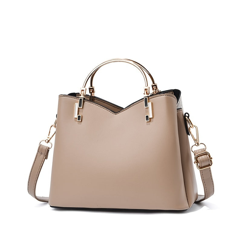 Beige handbag with gold accents on a white background