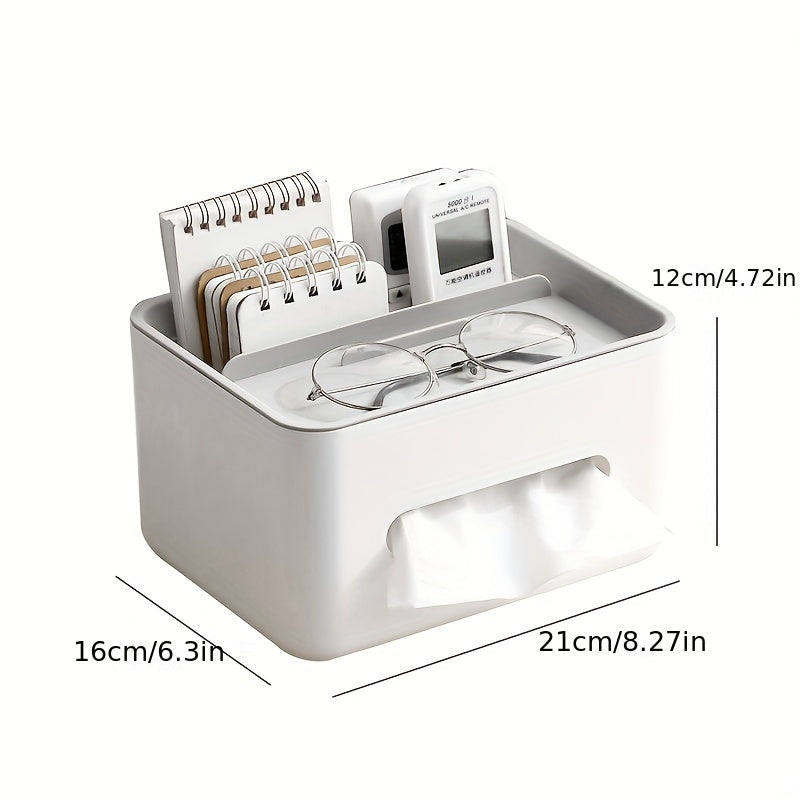 White desk organizer with glasses, phone, and notepads with dimensions indicated.