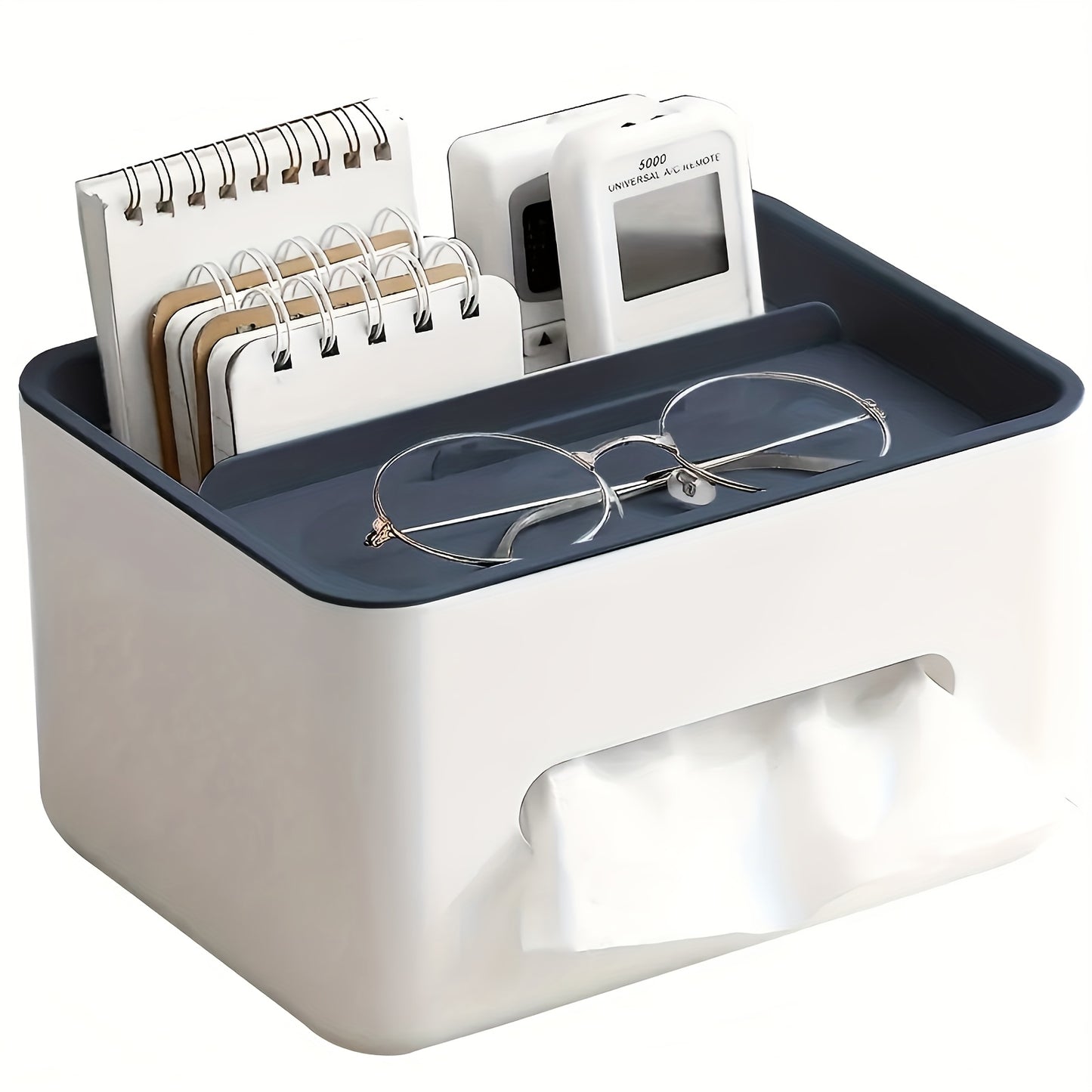 Desk organizer with glasses, notepads, and a phone on a white background